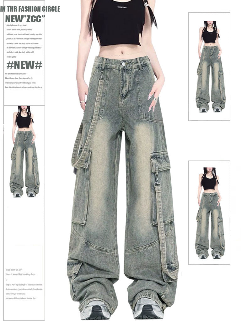 Retro Workwear Jeans Women's Multi-pocket Wide Leg Mop Pants