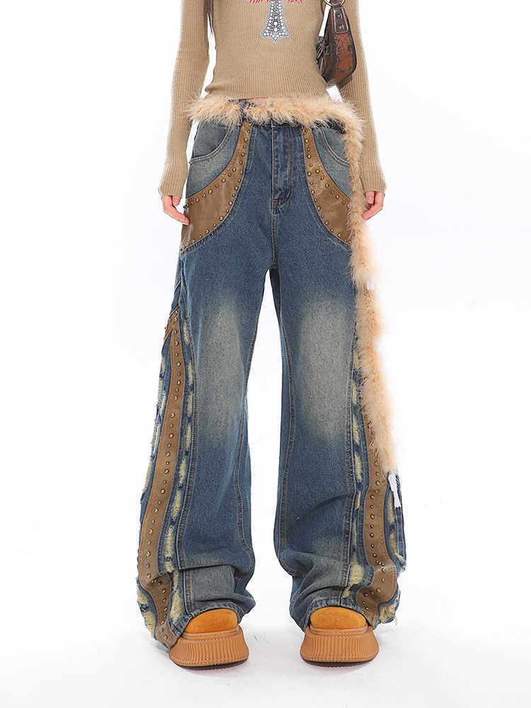 Retro Washed Heavy Niche Deconstructed Leather Patchwork Jeans