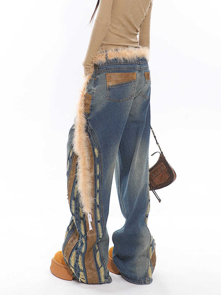 Retro Washed Heavy Niche Deconstructed Leather Patchwork Jeans