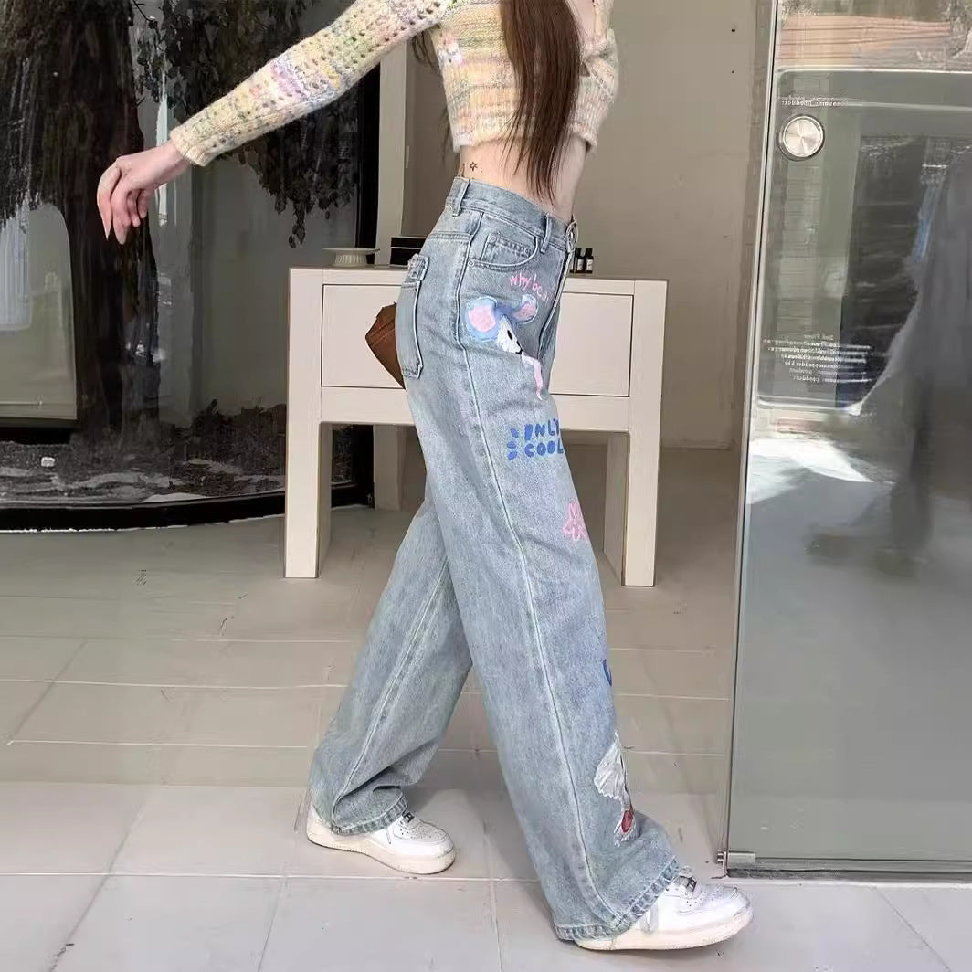 Graffiti Printing Women's High Waist Loose Straight Wide Leg Jeans