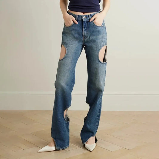 Fashion Casual High-grade Straight-leg Pants High Waist Hollow Design