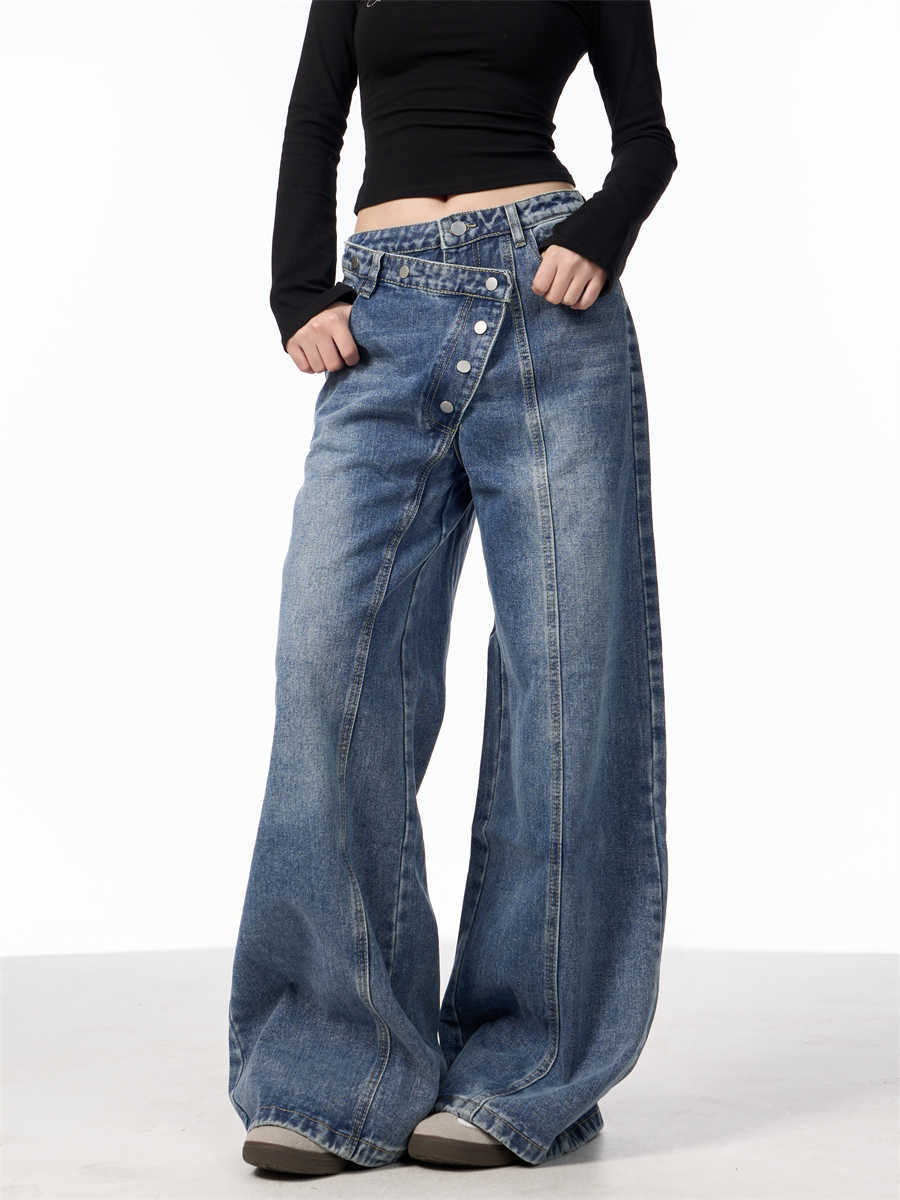 Irregular Breasted Washed Straight Jeans Blue Loose Wide Leg Pants