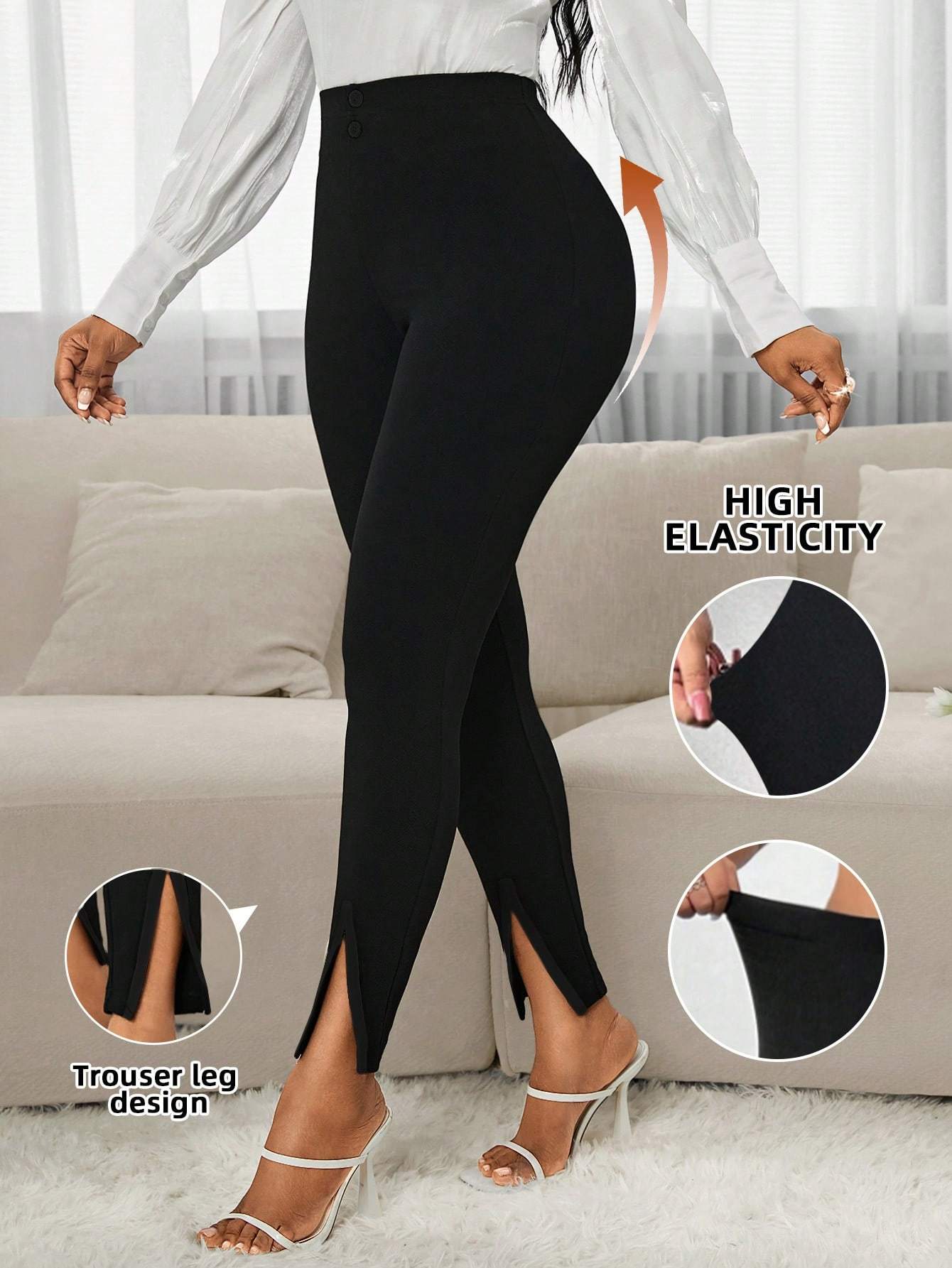 Women Elegant Contrast Color Split Hem Slim Fit Pants