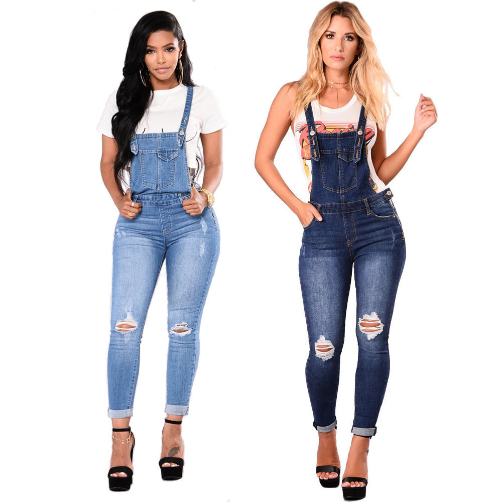 Women's Ripped Denim Suspender Pencil Pants