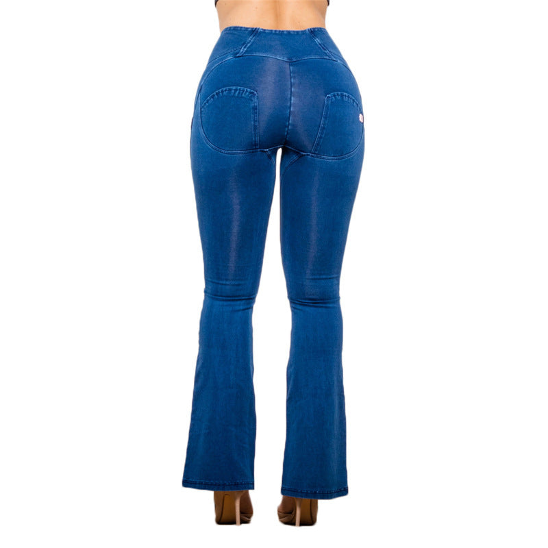 Women's High Waist Dark Blue Straight Tube Peach Jeans