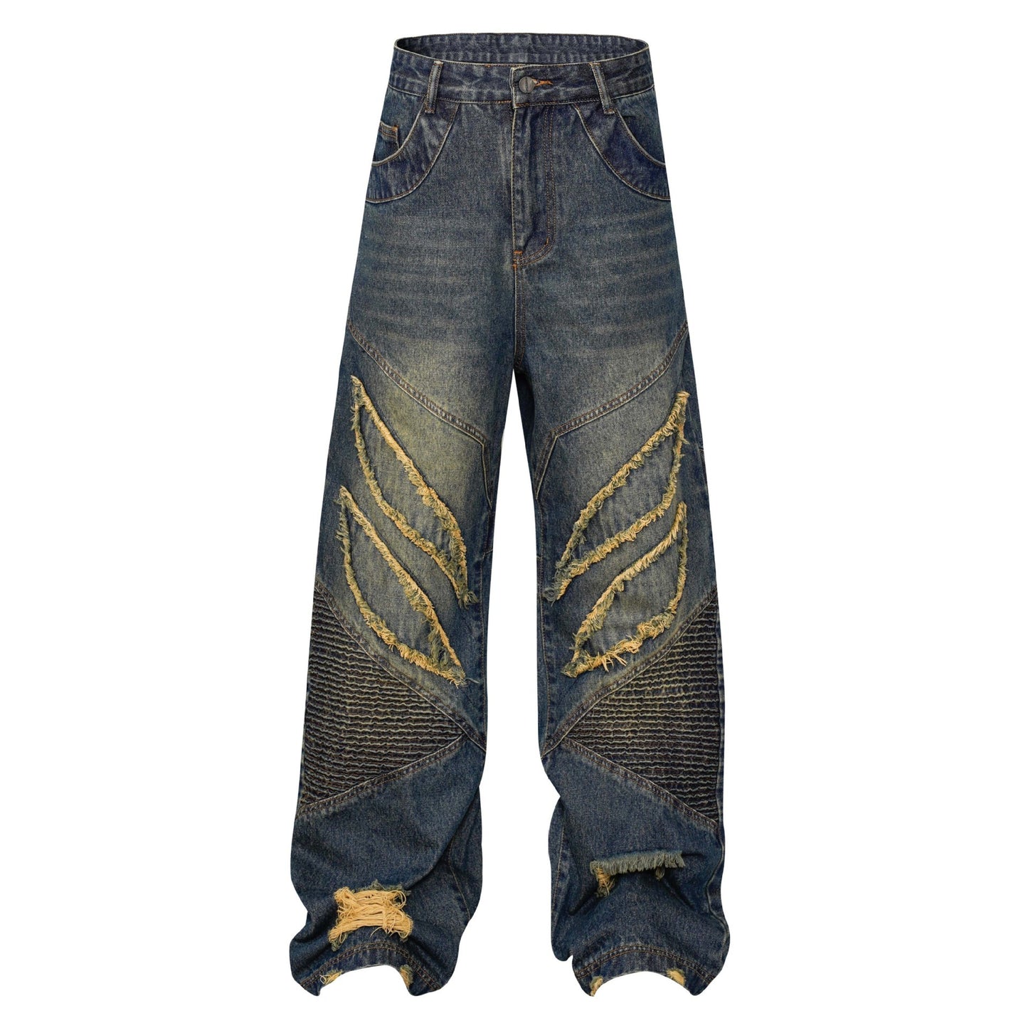 High Street American Stitching Patchwork Cat Beard Worn Jeans