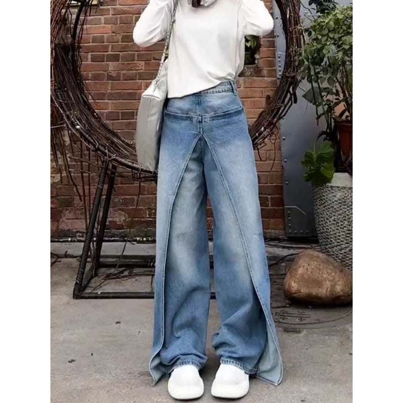 Women's High Waist Reverse Personalized Wide-leg Mop Straight Jeans