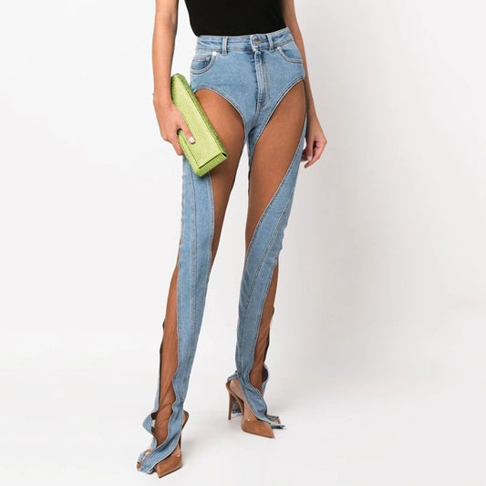 Mesh See-through Split Stretch Slim Fit Hip Raise Jeans