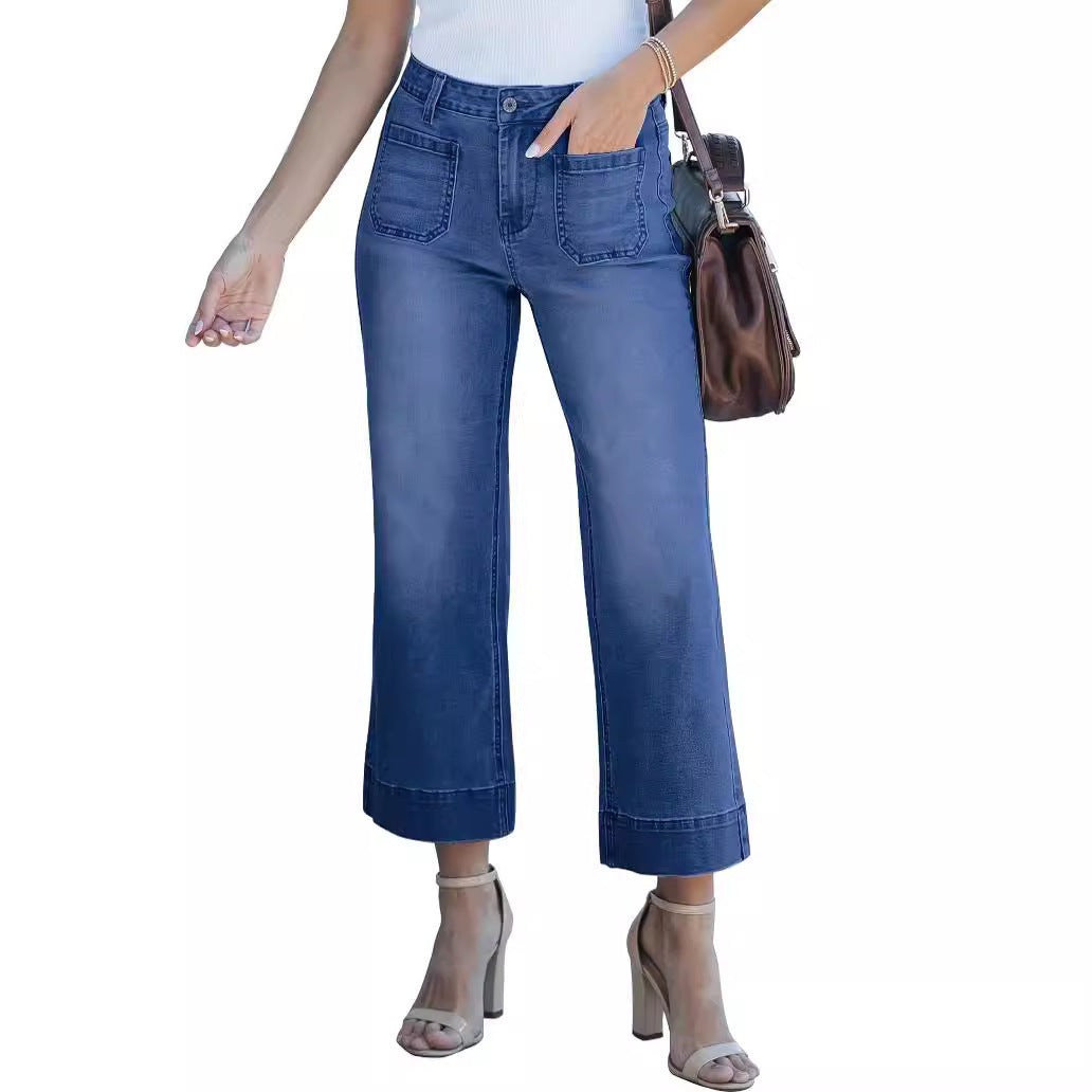 Slimming And Wide Leg Straight-leg Pants Washed Jeans Cropped Pants