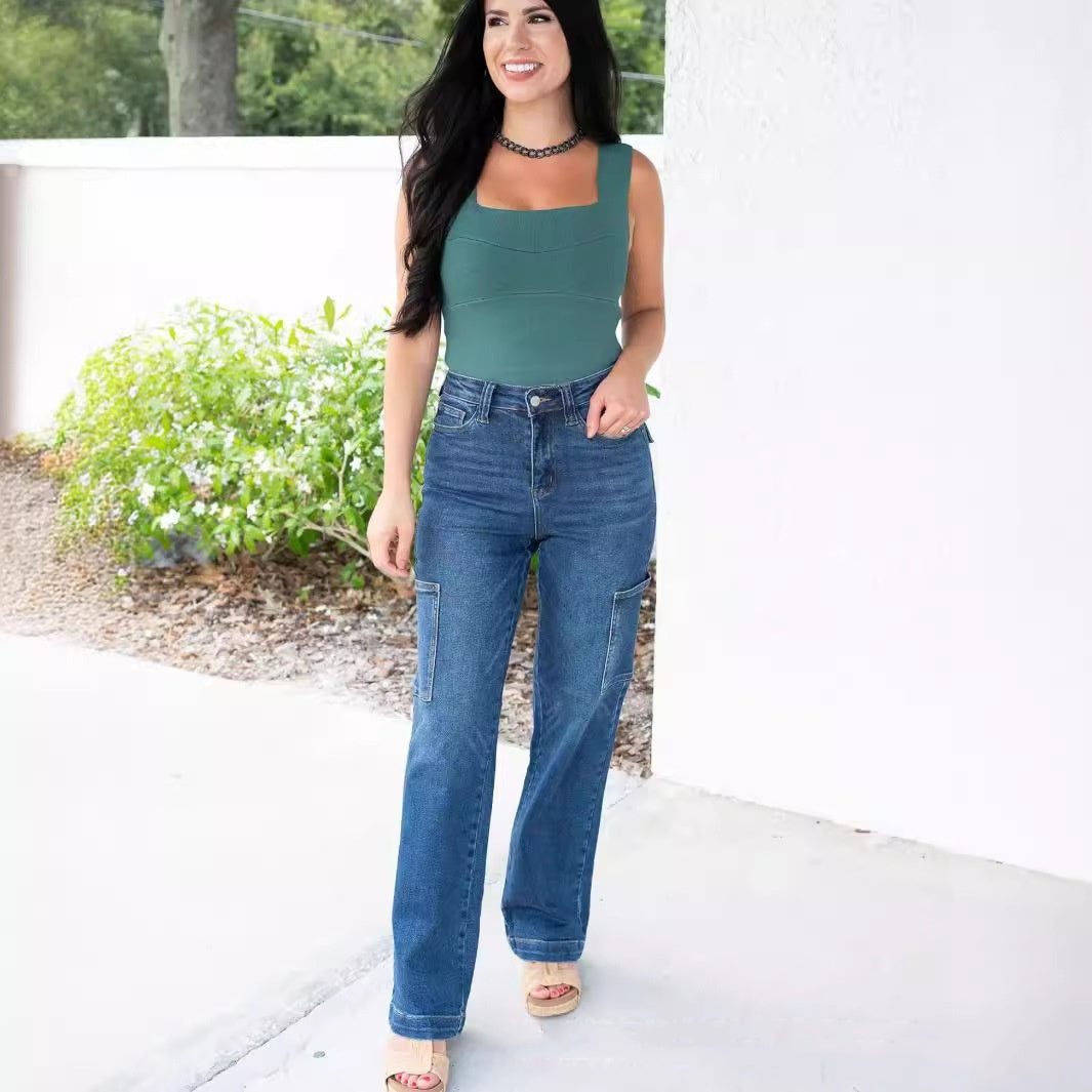 Multi-Pocket Workwear High Waist Wide Leg Jeans