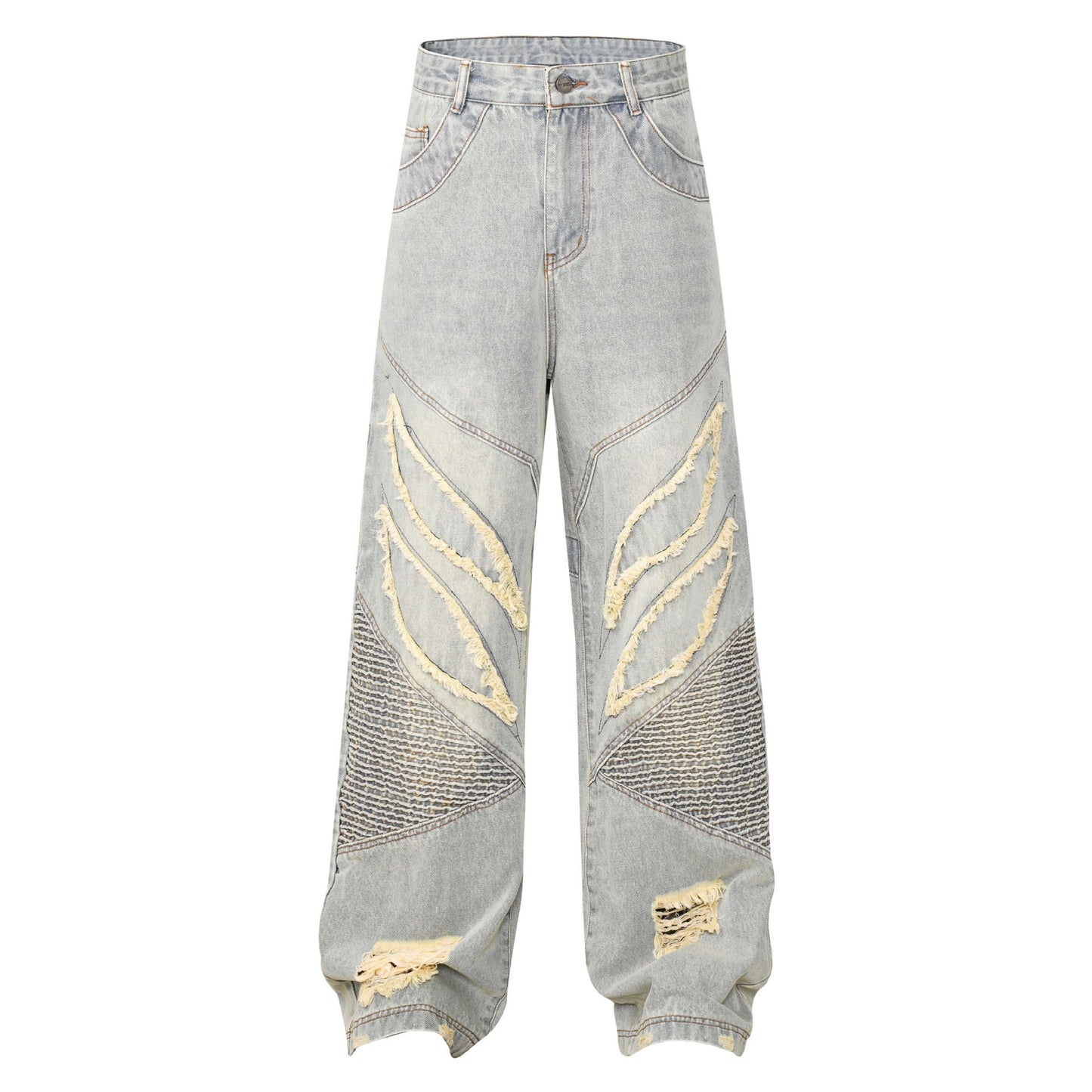 High Street American Stitching Patchwork Cat Beard Worn Jeans