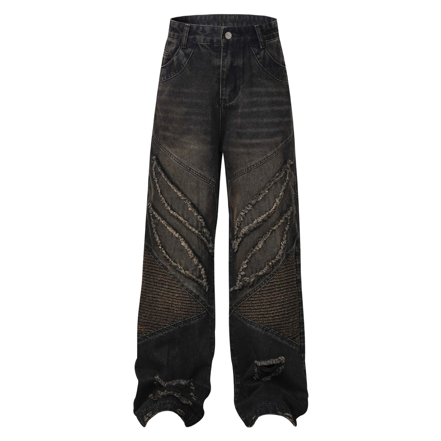 High Street American Stitching Patchwork Cat Beard Worn Jeans