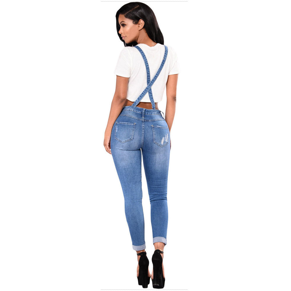 Women's Ripped Denim Suspender Pencil Pants