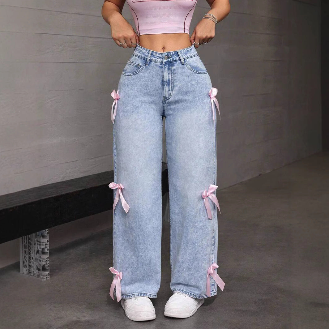 Bowknot Collage Washed Jeans Loose Straight-leg Wide-leg Pants