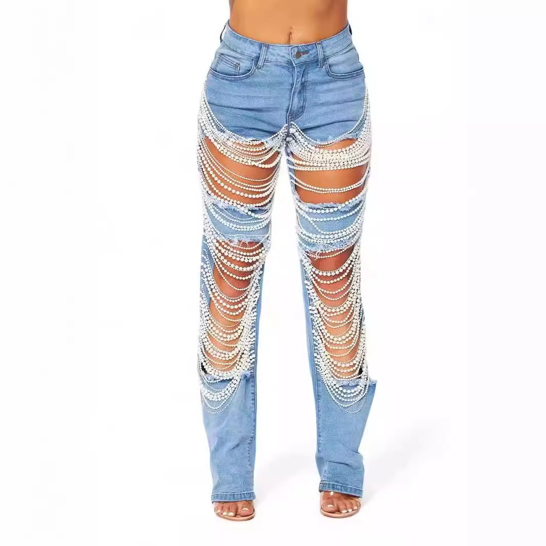 Female Creative Casual Bead Chain Jeans