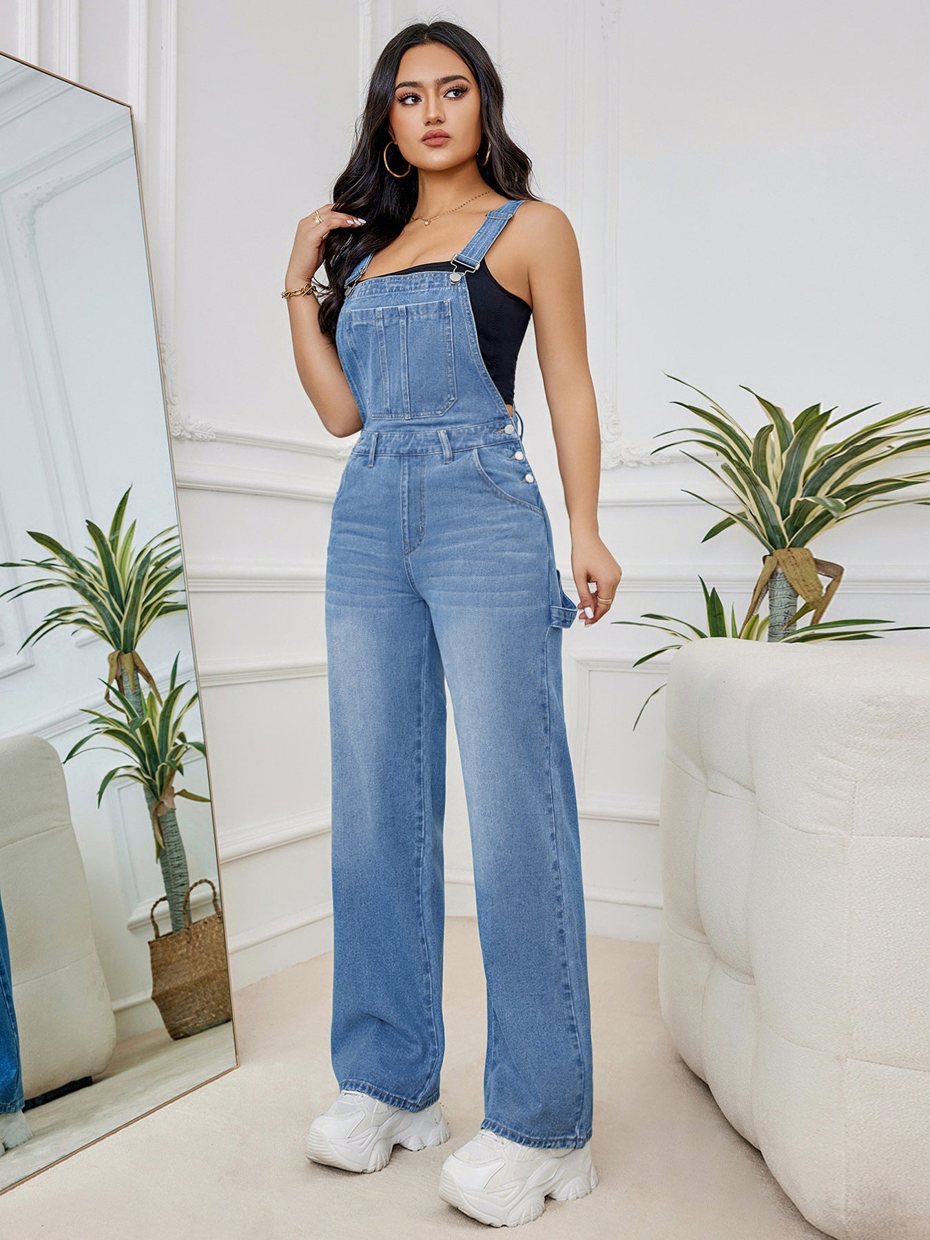 Women's Washed Denim Suspender Pants