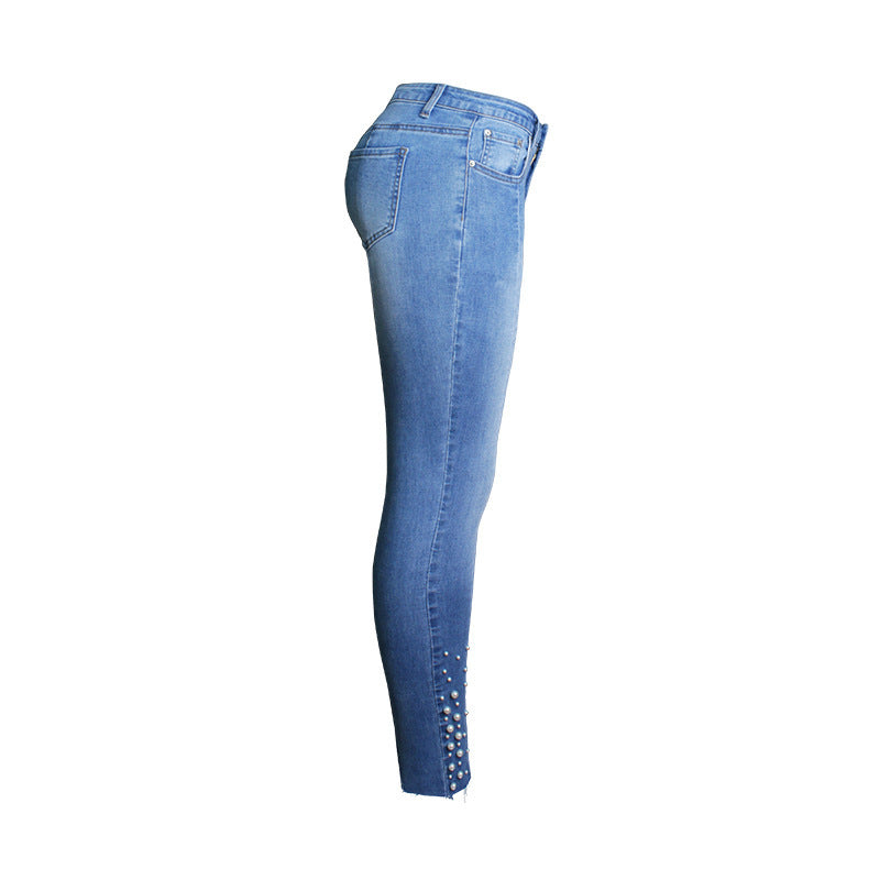 Popular Bead Nail Skinny Denim Stretch Slim Jeans