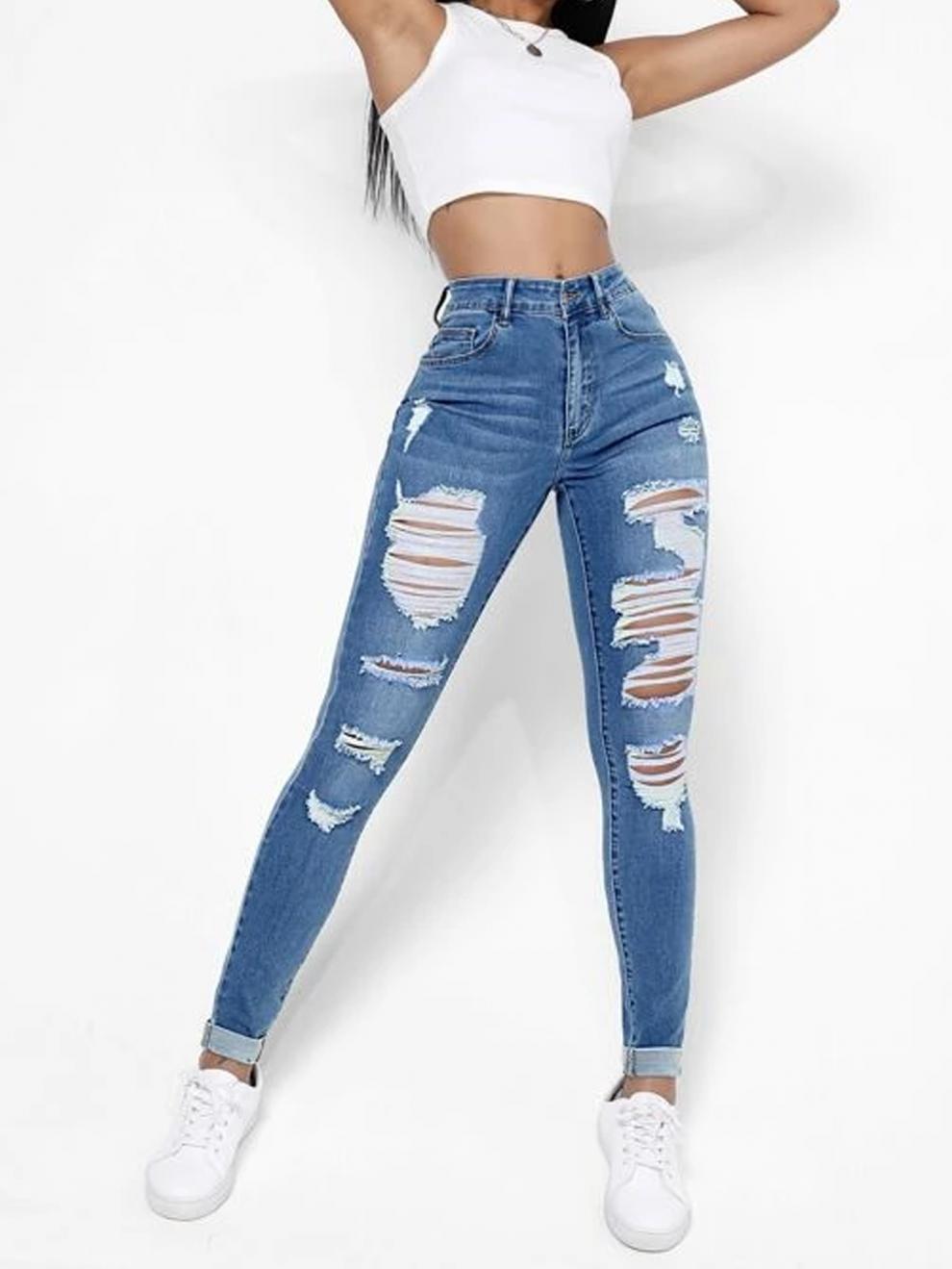 Skinny Jeans Women's High Waist Slim Fit Slimming Holes Skinny Pants