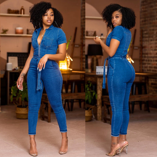 Washed Fashionable Sleeveless One-piece Denim Trousers