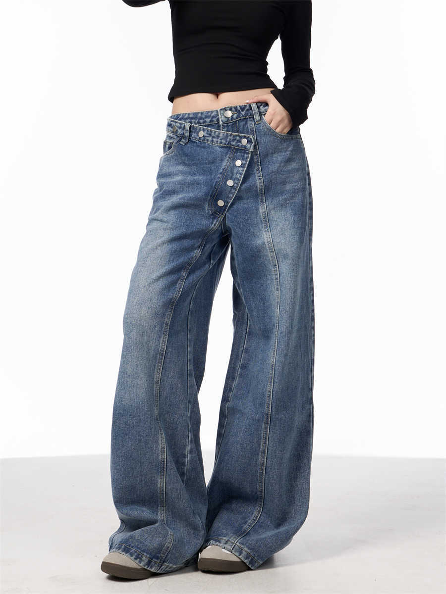 Irregular Breasted Washed Straight Jeans Blue Loose Wide Leg Pants