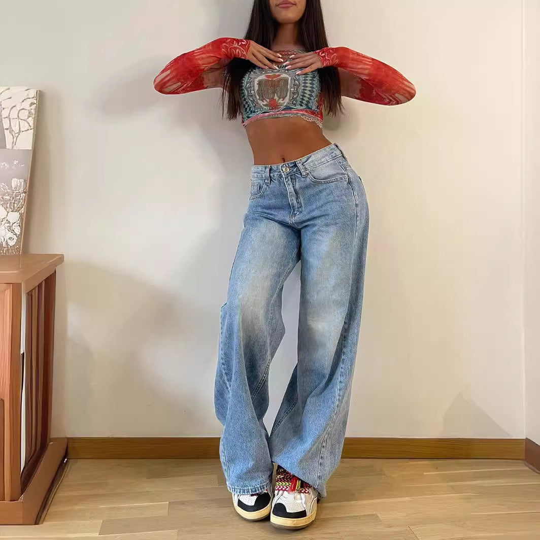 New Retro American-style Long Wide-leg Hot Girl Loose Jeans For Women