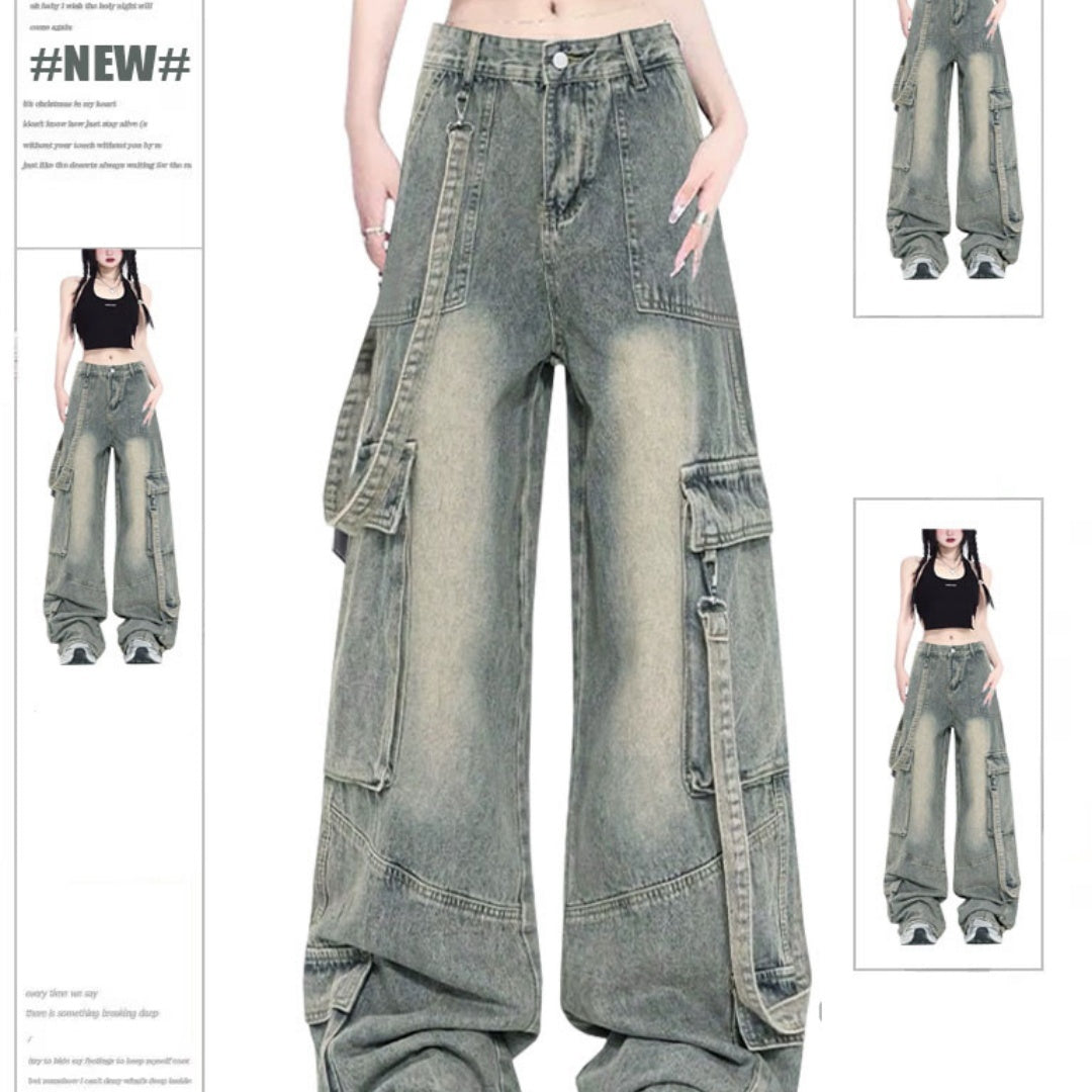 Retro Workwear Jeans Women's Multi-pocket Wide Leg Mop Pants