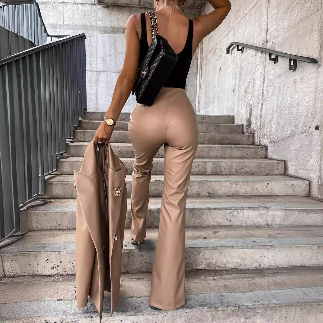 Fashionable Elegant Slim Fit Casual Slit Leather Pants Women