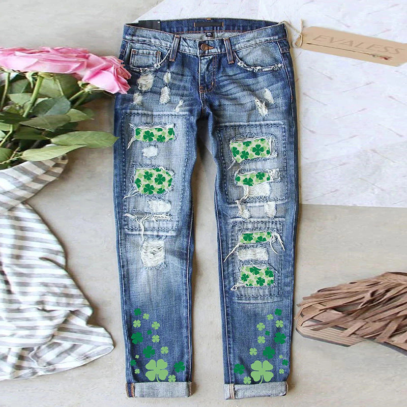 Women's Four-leaf Clover Printed Patch Ripped Jeans