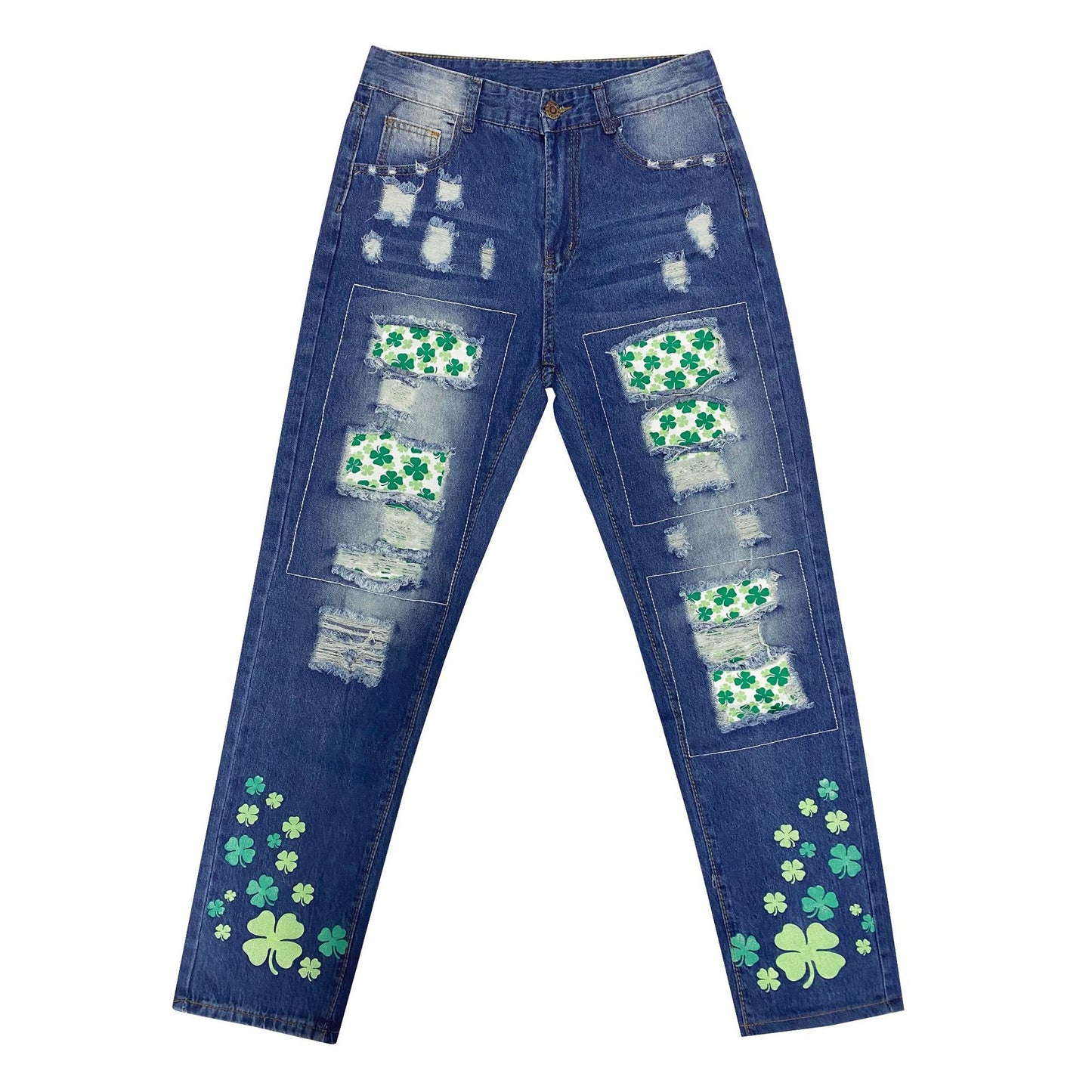 Women's Four-leaf Clover Printed Patch Ripped Jeans