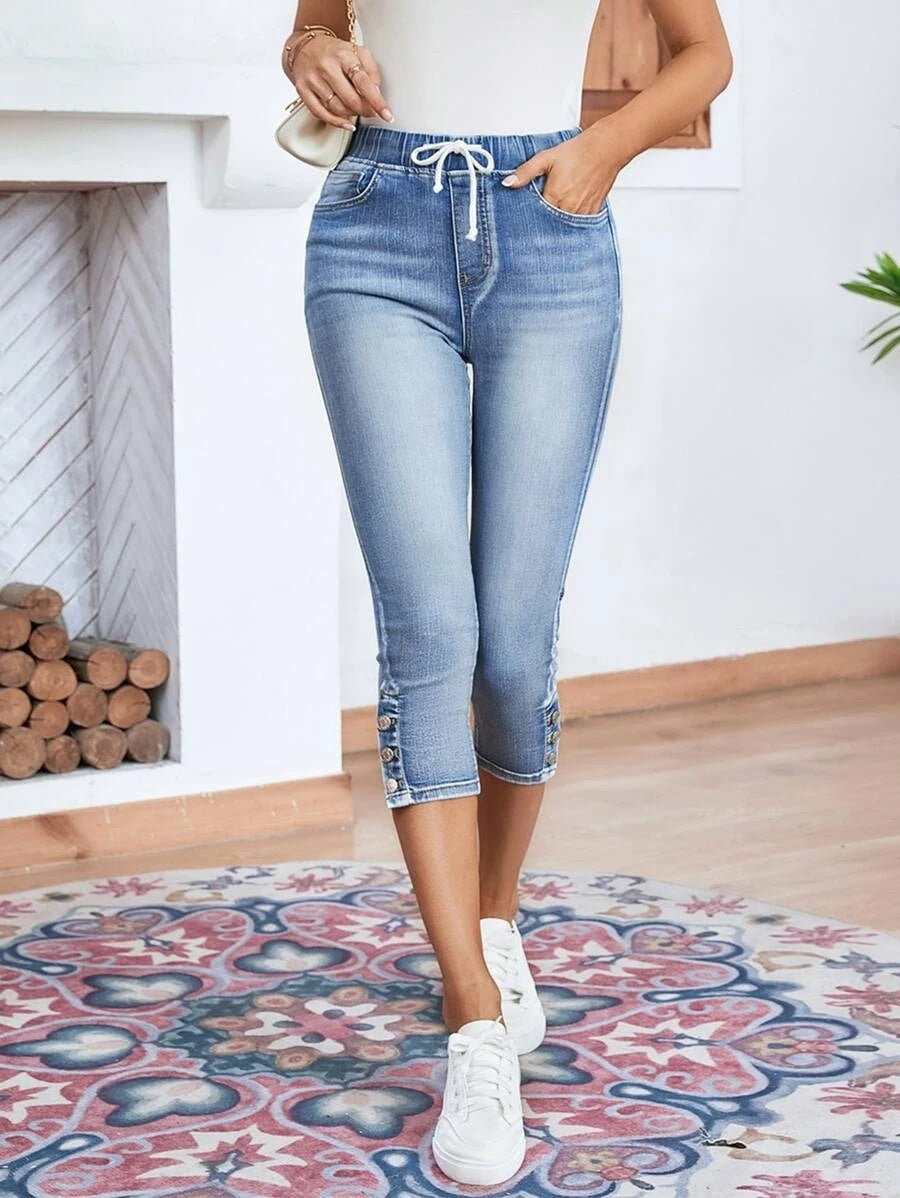 Elastic Waistband Lace-up Stretch Jeans For Women