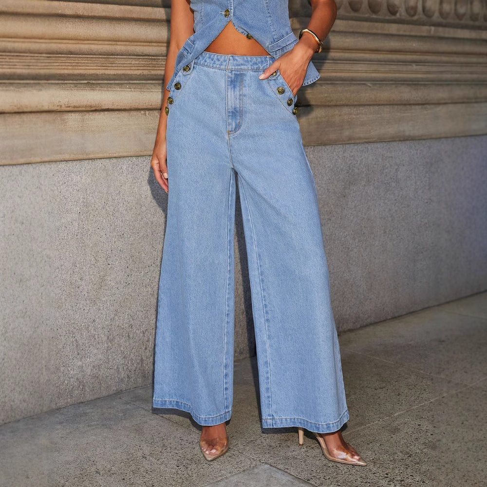 Fashion Sleeveless Denim Suit Wide Leg Pants