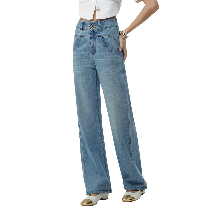 Retro Style High Waist Distressed Wide Leg Mop Pants Women