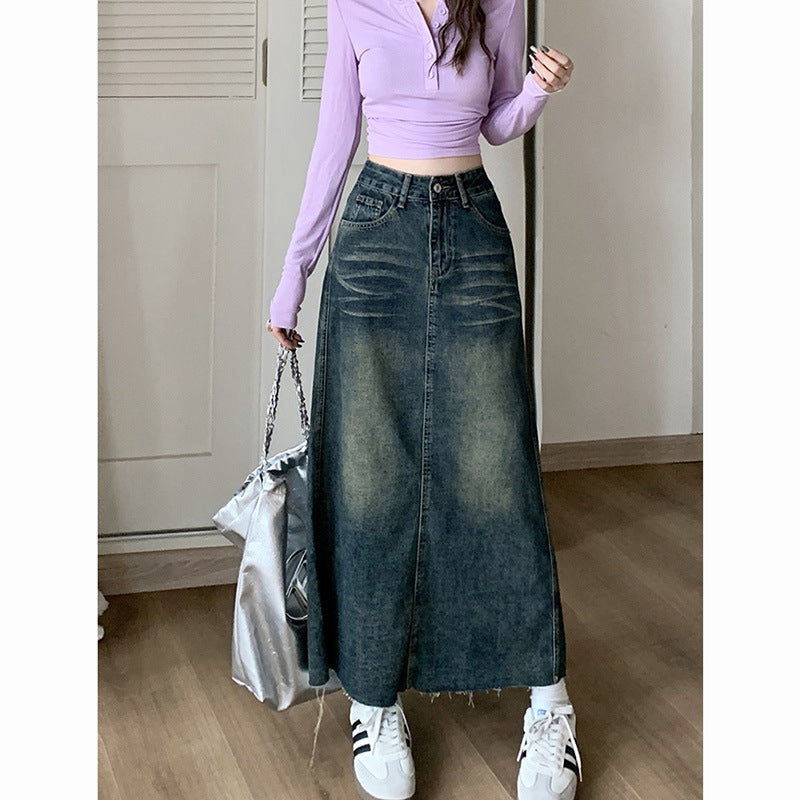 Retro High Waist Raw Hem Denim Skirt