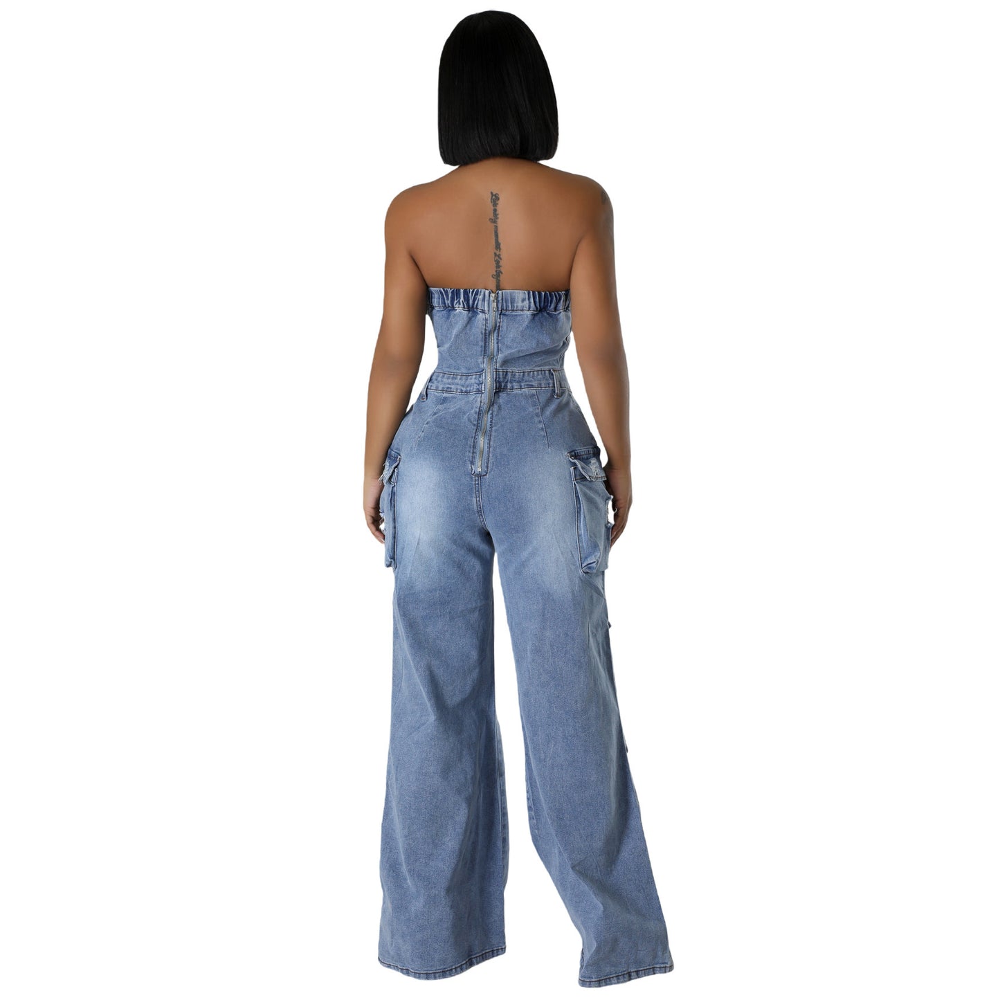 Women's Personality Slim Fit Backless Stretch Flared Sleeveless Denim Jumpsuit