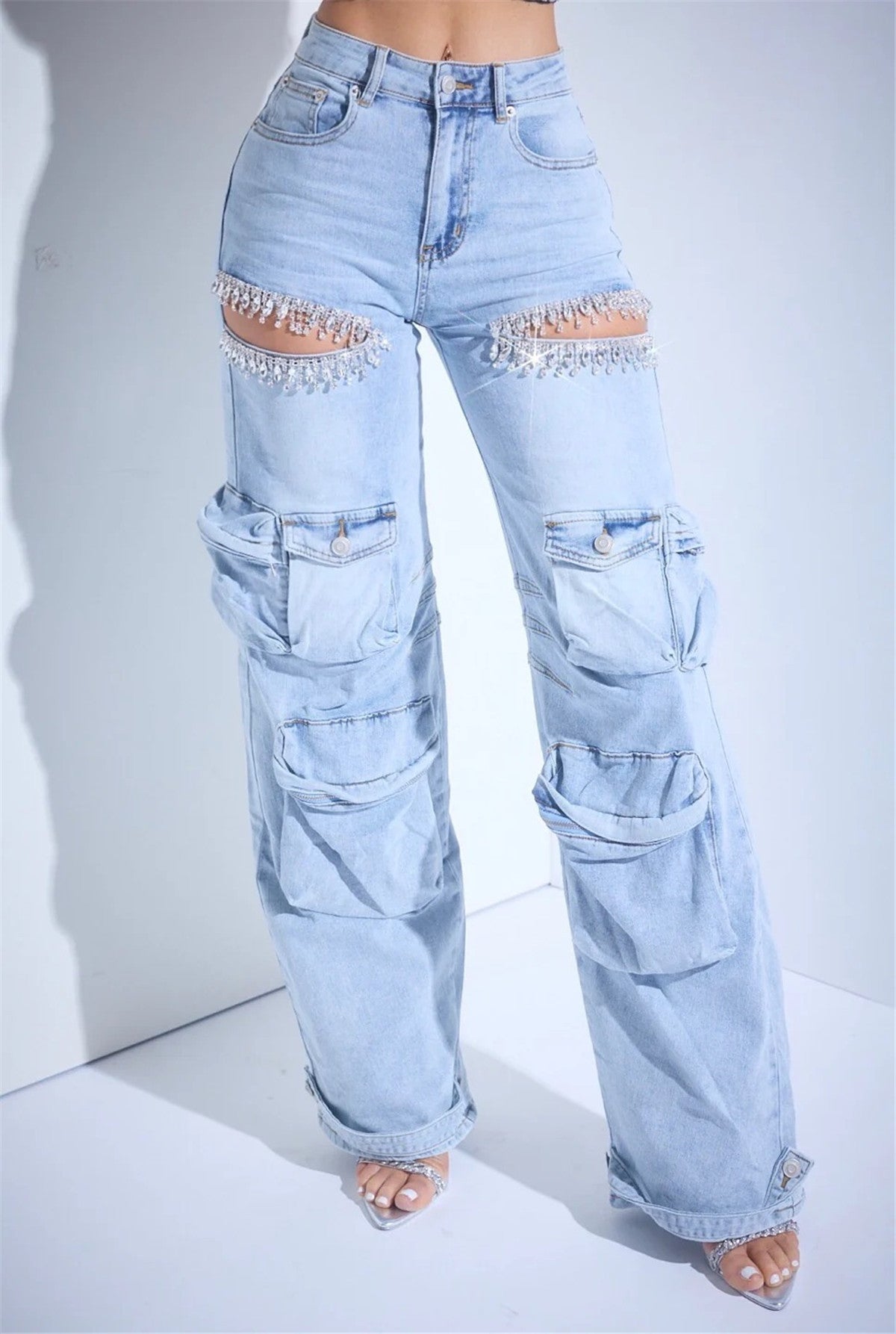 Women's Hollow-out Diamond Decorations Workwear Multi-pocket Stretch Jeans