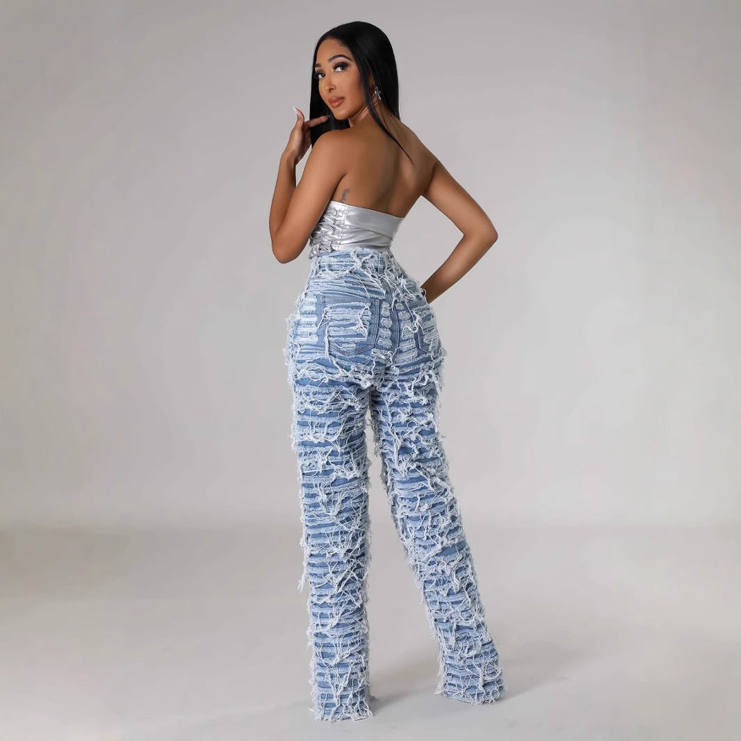 Women's High Waist Edging Ripped Tassel Loose Denim Straight-leg Pants