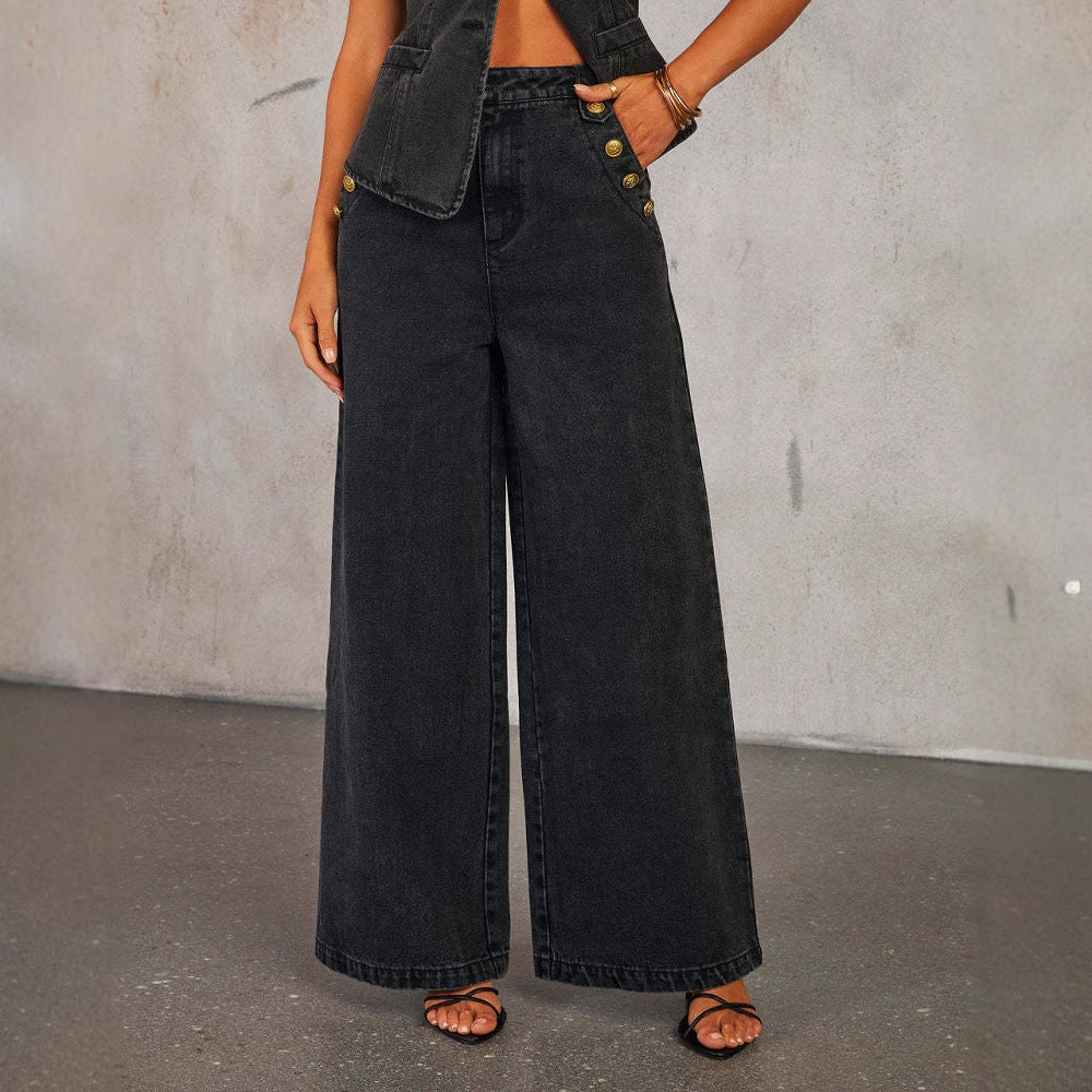 Fashion Sleeveless Denim Suit Wide Leg Pants