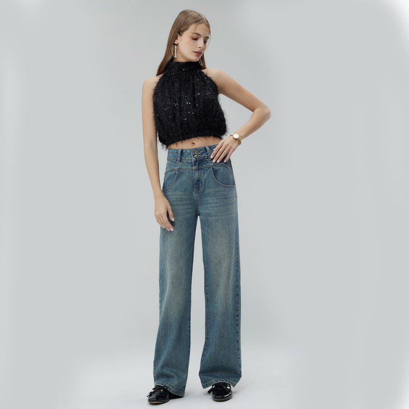 Retro Style High Waist Distressed Wide Leg Mop Pants Women