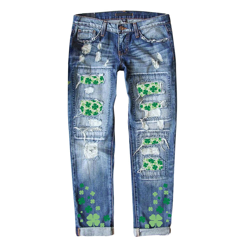 Women's Four-leaf Clover Printed Patch Ripped Jeans