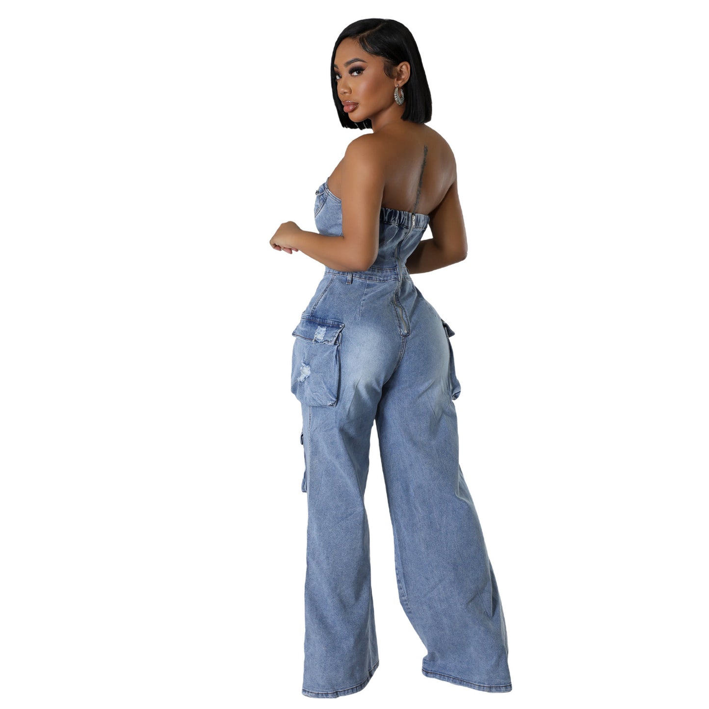 Women's Personality Slim Fit Backless Stretch Flared Sleeveless Denim Jumpsuit