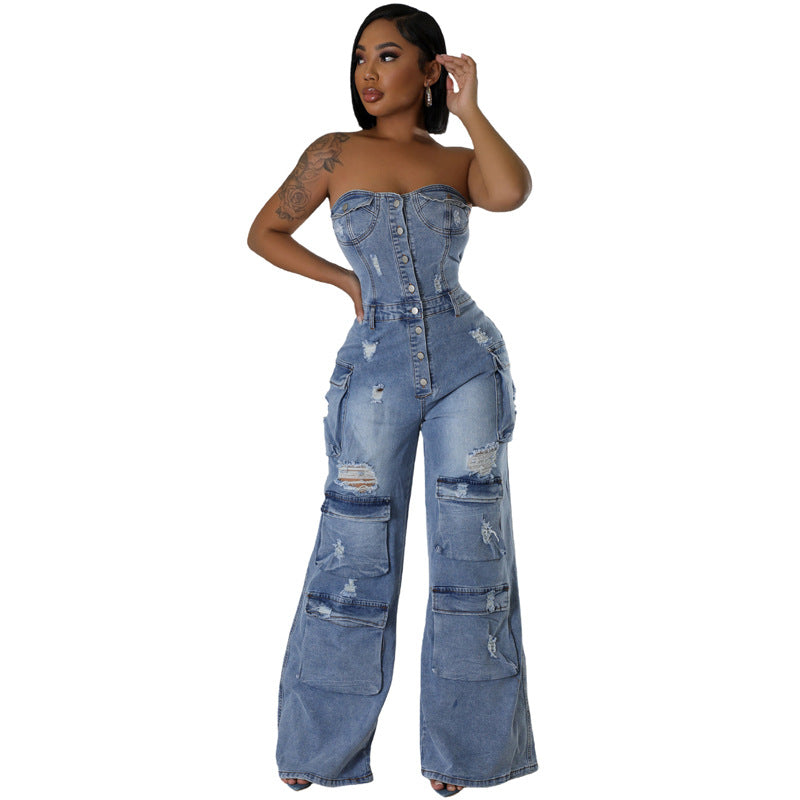 Women's Personality Slim Fit Backless Stretch Flared Sleeveless Denim Jumpsuit