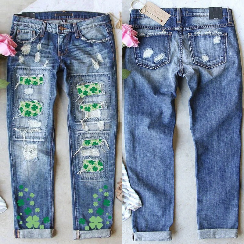 Women's Four-leaf Clover Printed Patch Ripped Jeans