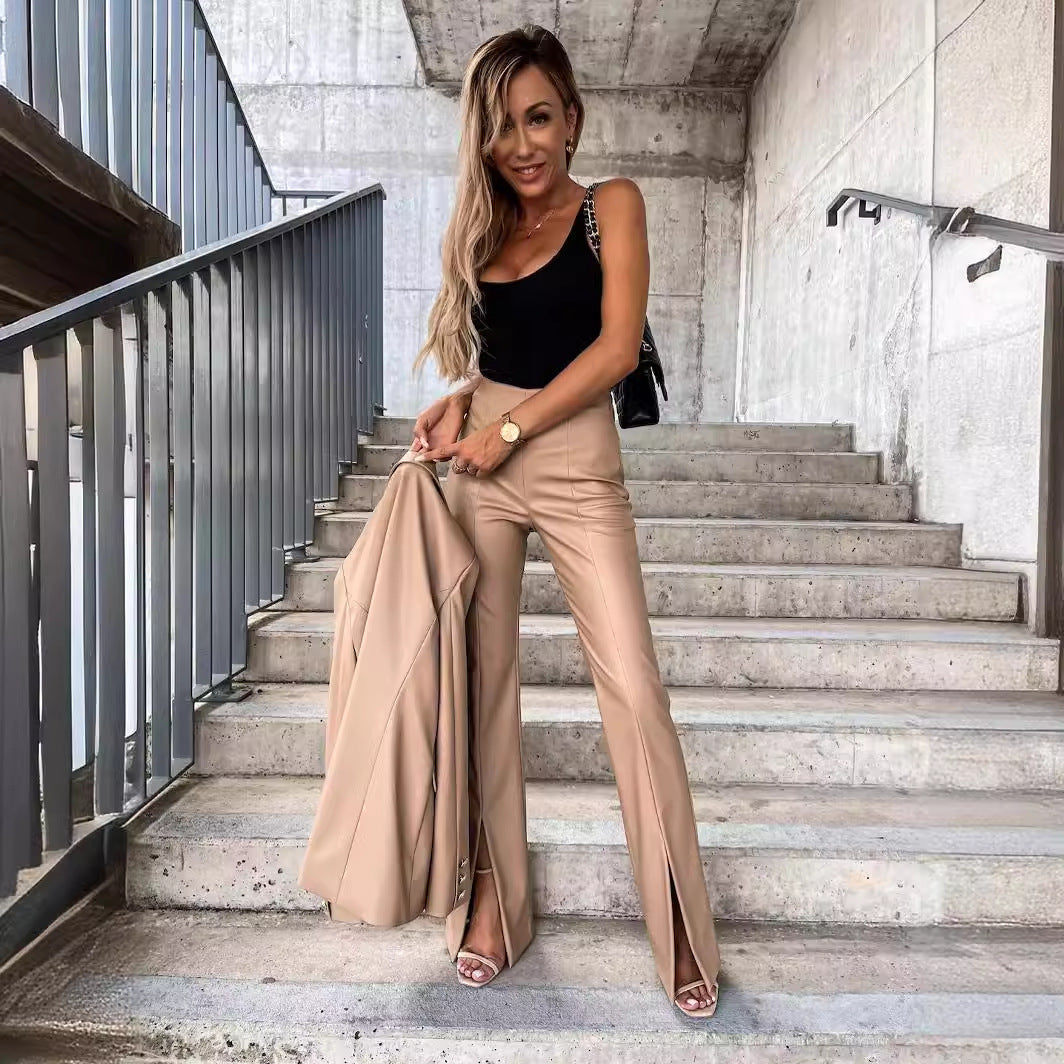 Fashionable Elegant Slim Fit Casual Slit Leather Pants Women