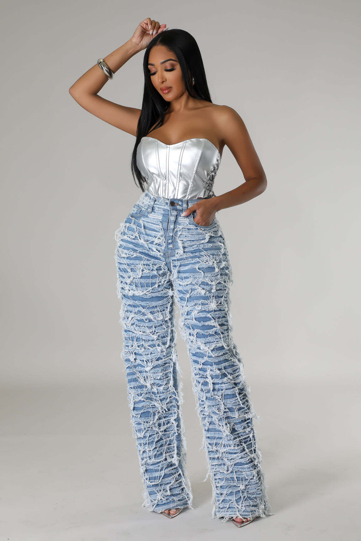 Women's High Waist Edging Ripped Tassel Loose Denim Straight-leg Pants