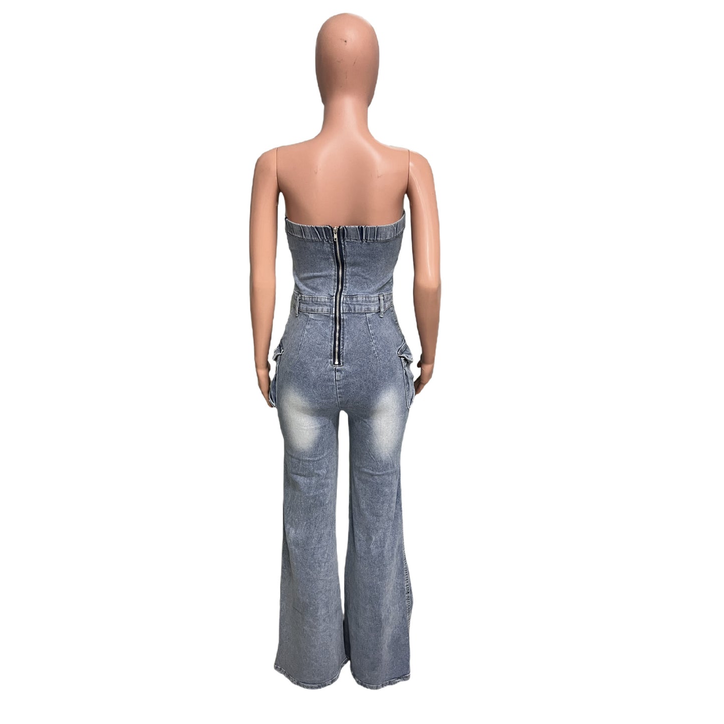 Women's Personality Slim Fit Backless Stretch Flared Sleeveless Denim Jumpsuit