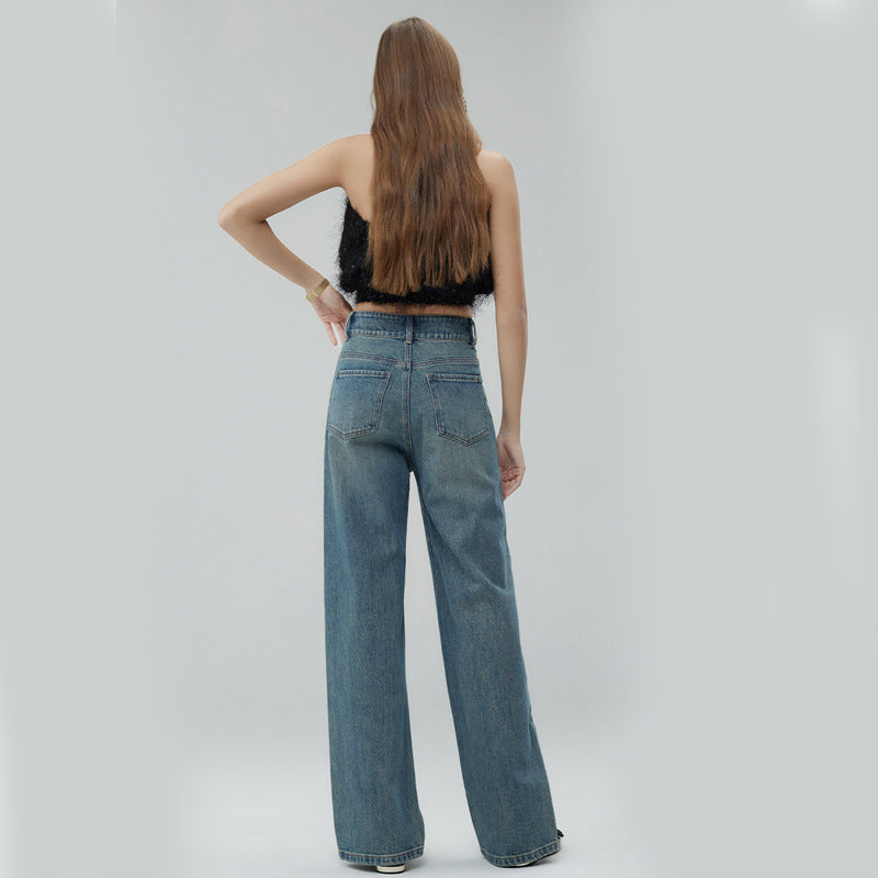 Retro Style High Waist Distressed Wide Leg Mop Pants Women