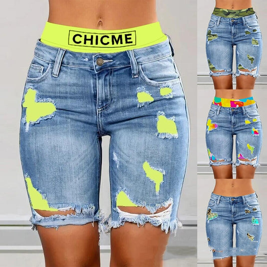 Color Contrast Patchwork Ripped Fake Two-piece Denim Shorts