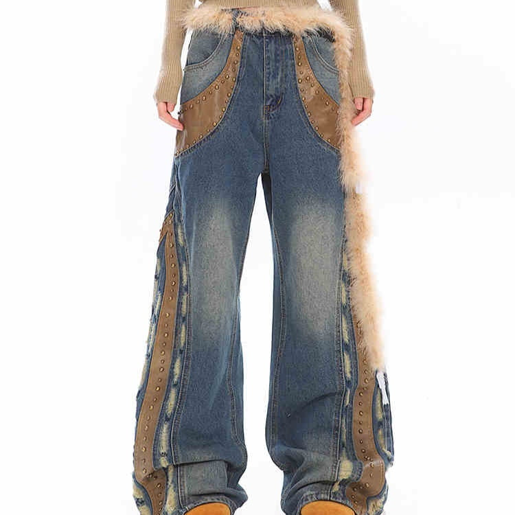 Retro Washed Heavy Niche Deconstructed Leather Patchwork Jeans