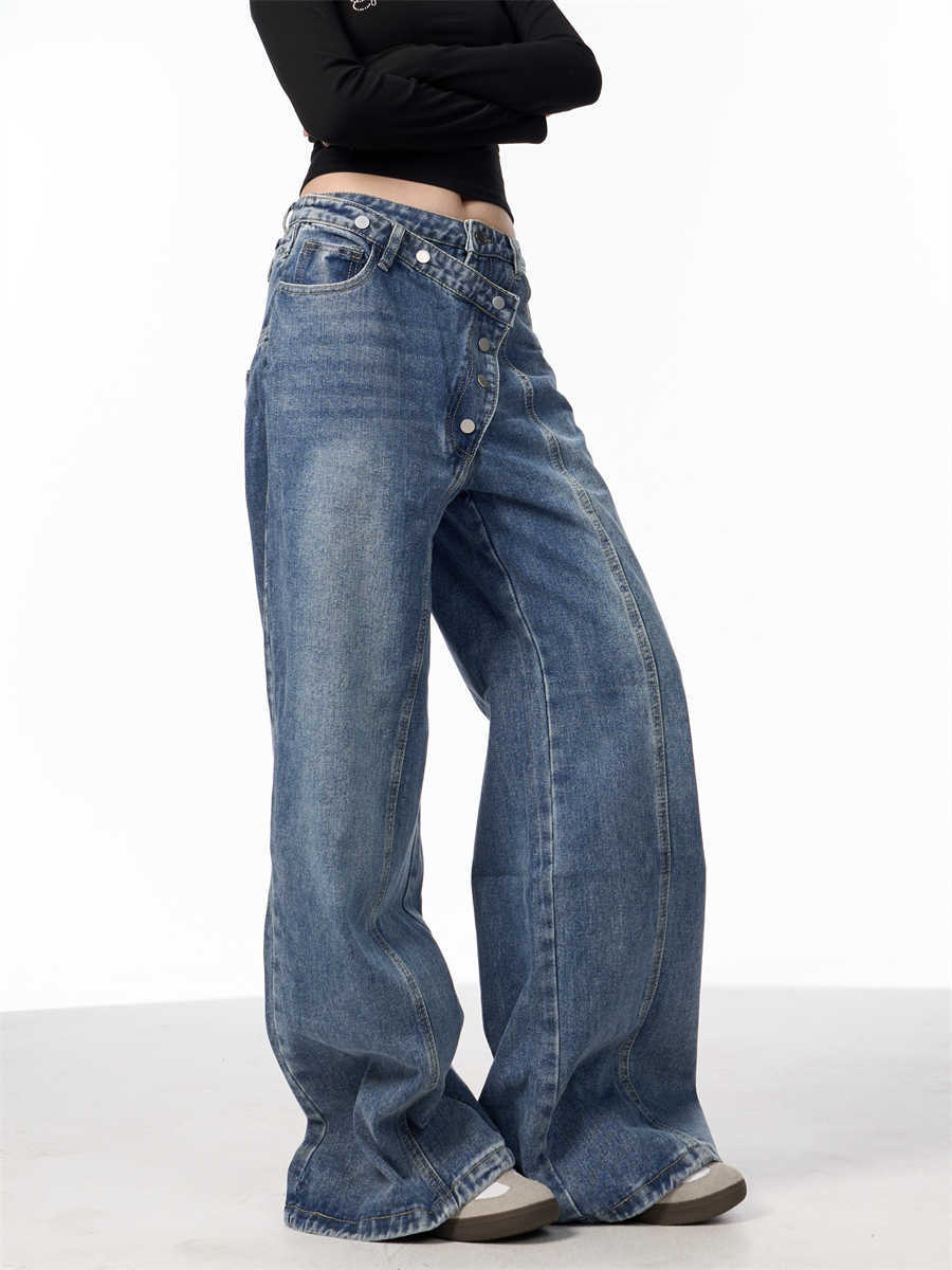 Irregular Breasted Washed Straight Jeans Blue Loose Wide Leg Pants