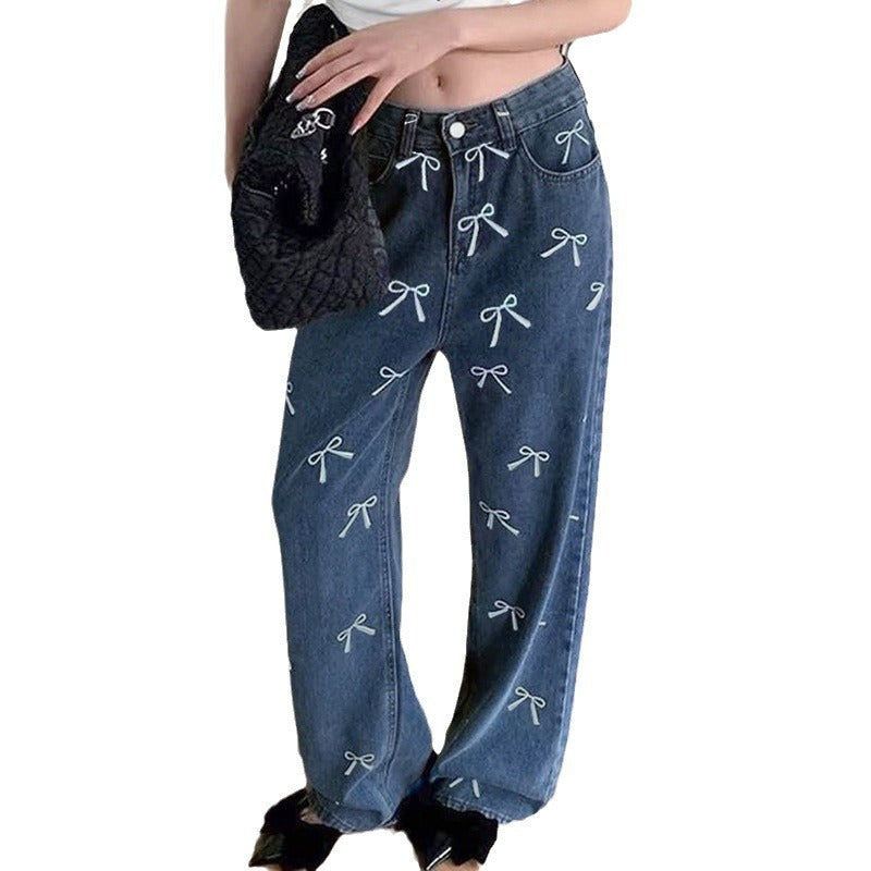 Girly Style Bow Vintage Print Loose Jeans